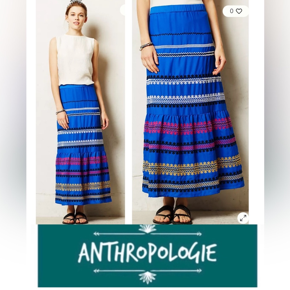 Anthropologie Vanessa Virginia Lapis Embroidered Skirt